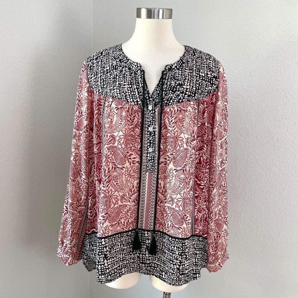 DR2 Daniel Rainn Womens Large Blouse Front Tassel Tie Tunic Top Long Sleeve